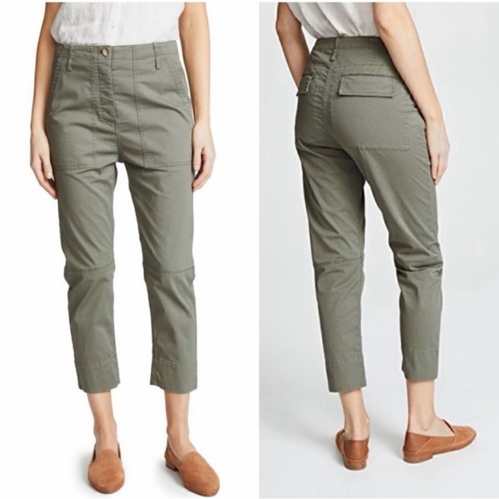 Theory Army Green Spring Cargo Casual Twill Crop Pants 6 Chino Tapered Leg Fall